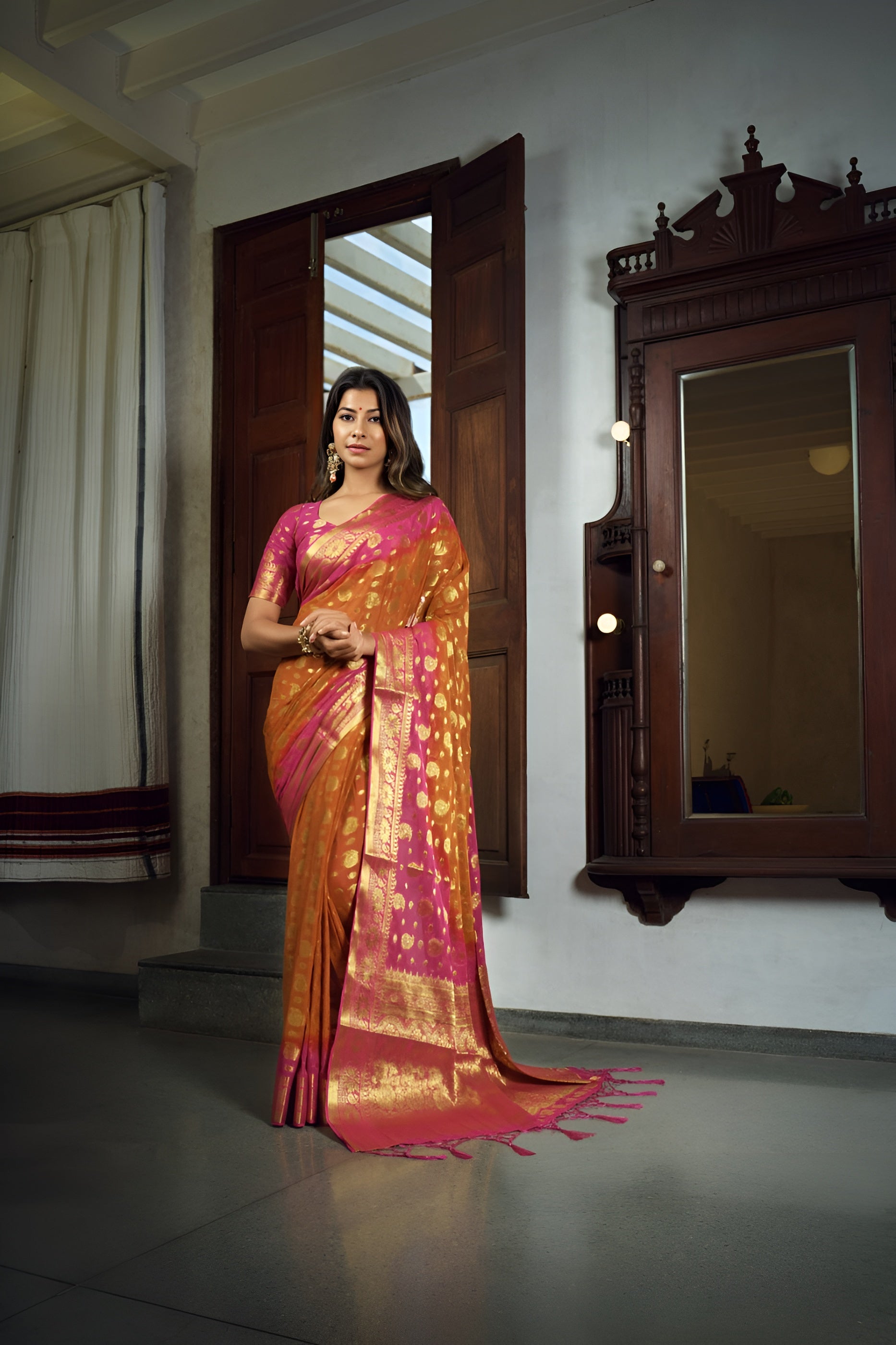 Vardha Sunset Orange Golden Zari Banarasi Chiffon Saree - Distacart