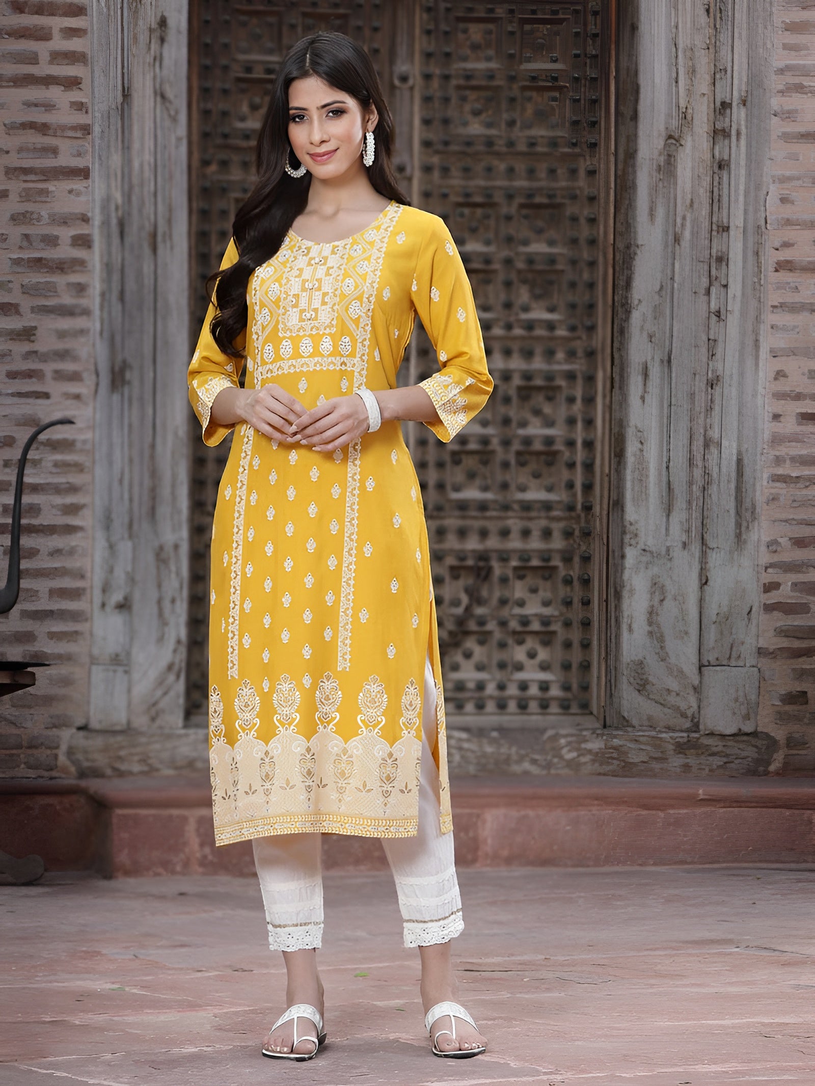 Juniper Women's Mustard Rayon Printed Straight Kurta - Distacart