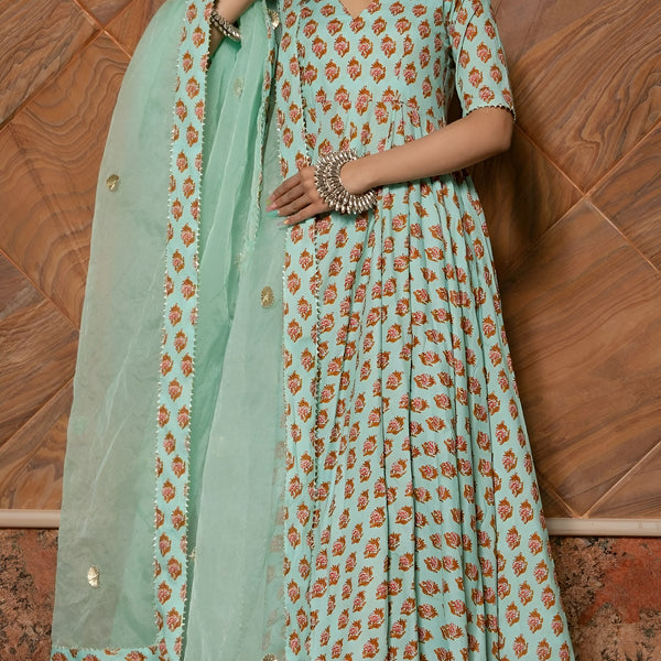 Pomcha Jaipur Lilly Of Valley Hand Block Anarkali Set - Distacart