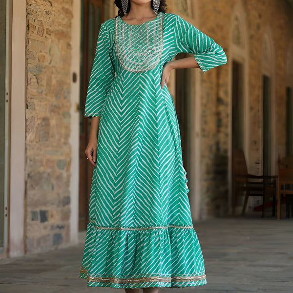 Juniper Women's Green Printed Embroidered Mirror Work Sequin Cotton Flared Dress - Distacart