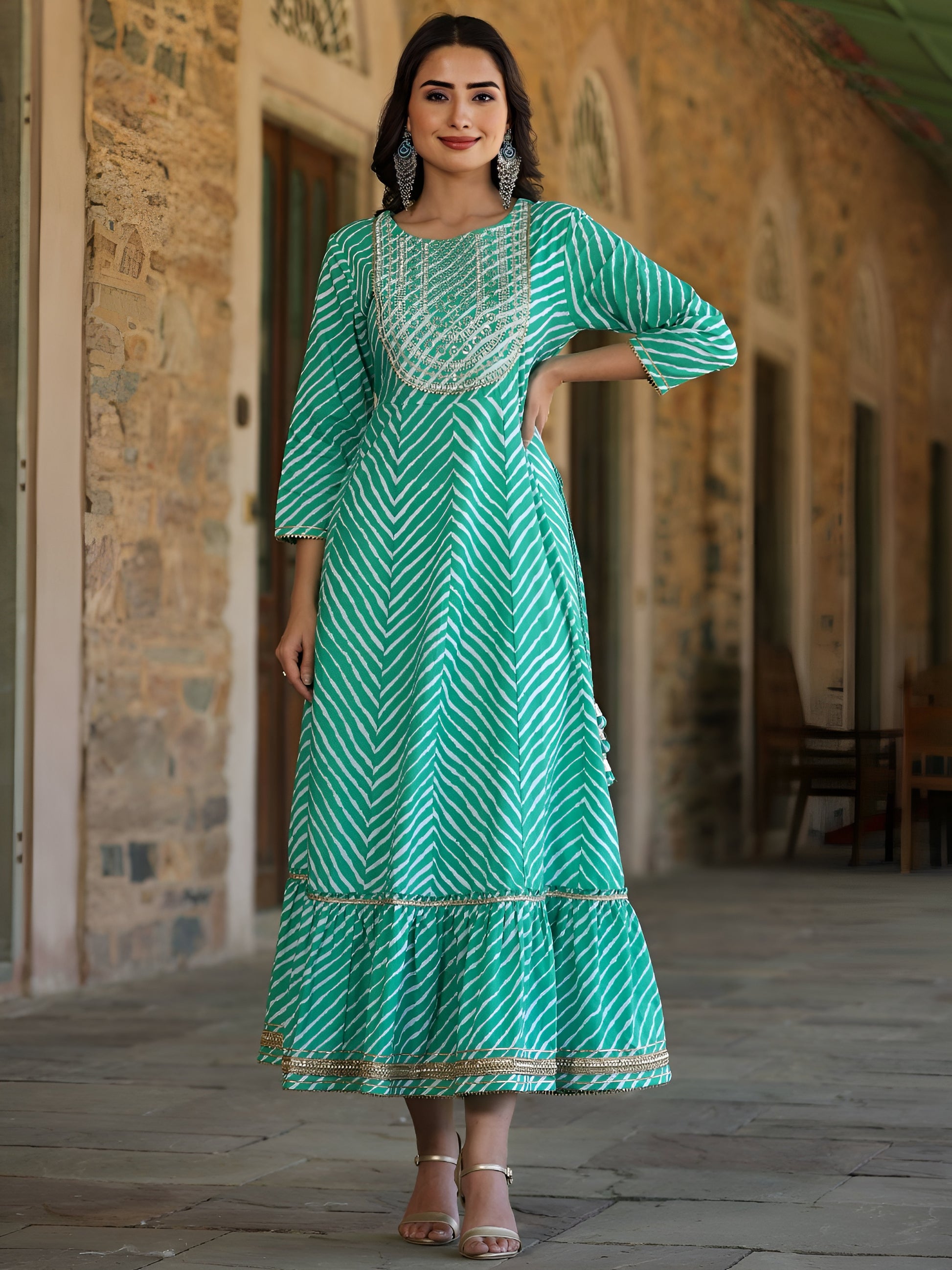Juniper Women's Green Printed Embroidered Mirror Work Sequin Cotton Flared Dress - Distacart