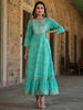 Juniper Women's Green Printed Embroidered Mirror Work Sequin Cotton Flared Dress - Distacart