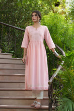 Thumbnail for Juniper Peach Cotton Dobby Festive Embroidered A-Line Long Kurta For Women - Distacart