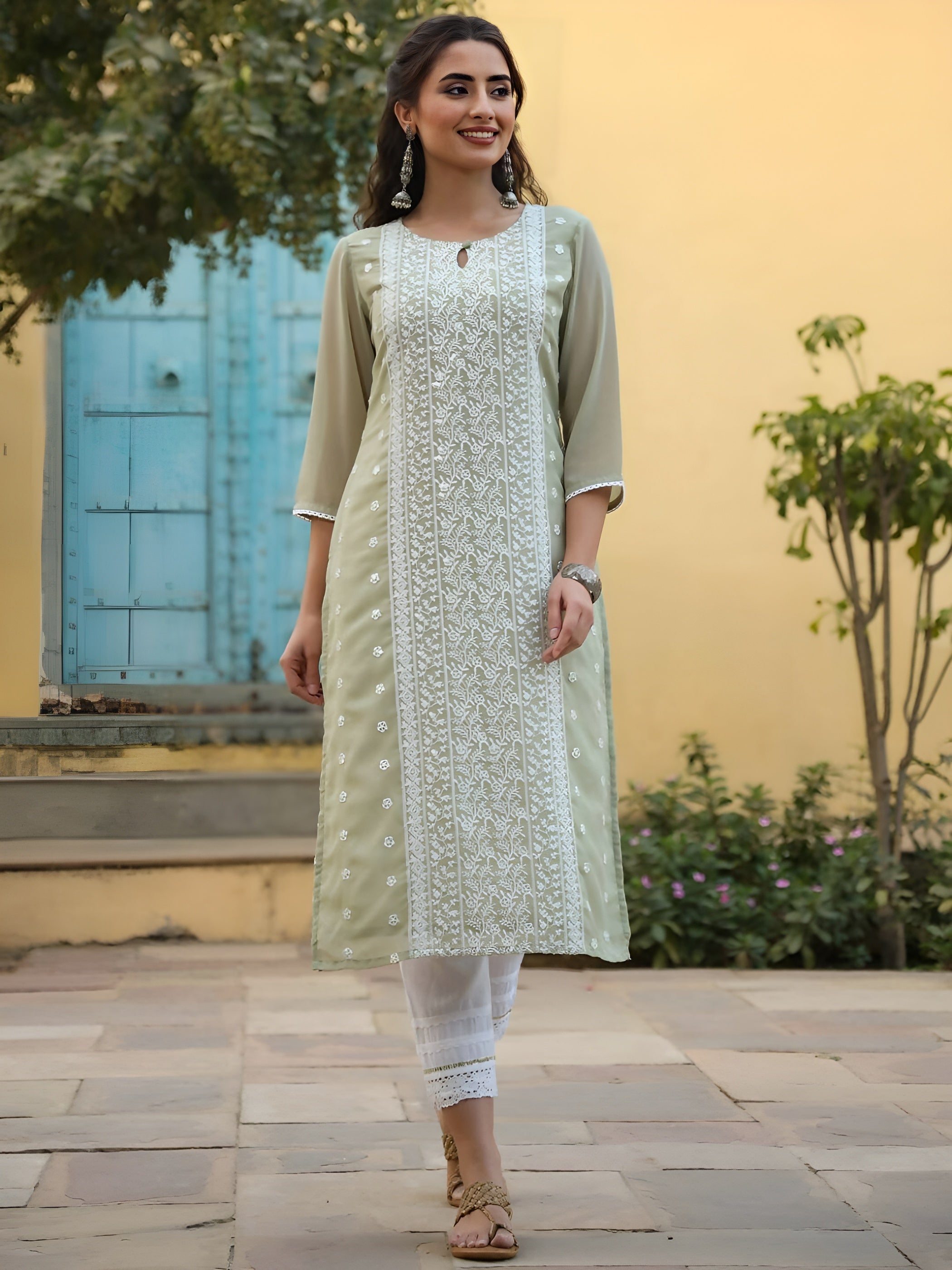 Juniper Women's Ltgreen Georgette Printed Kurta - Distacart