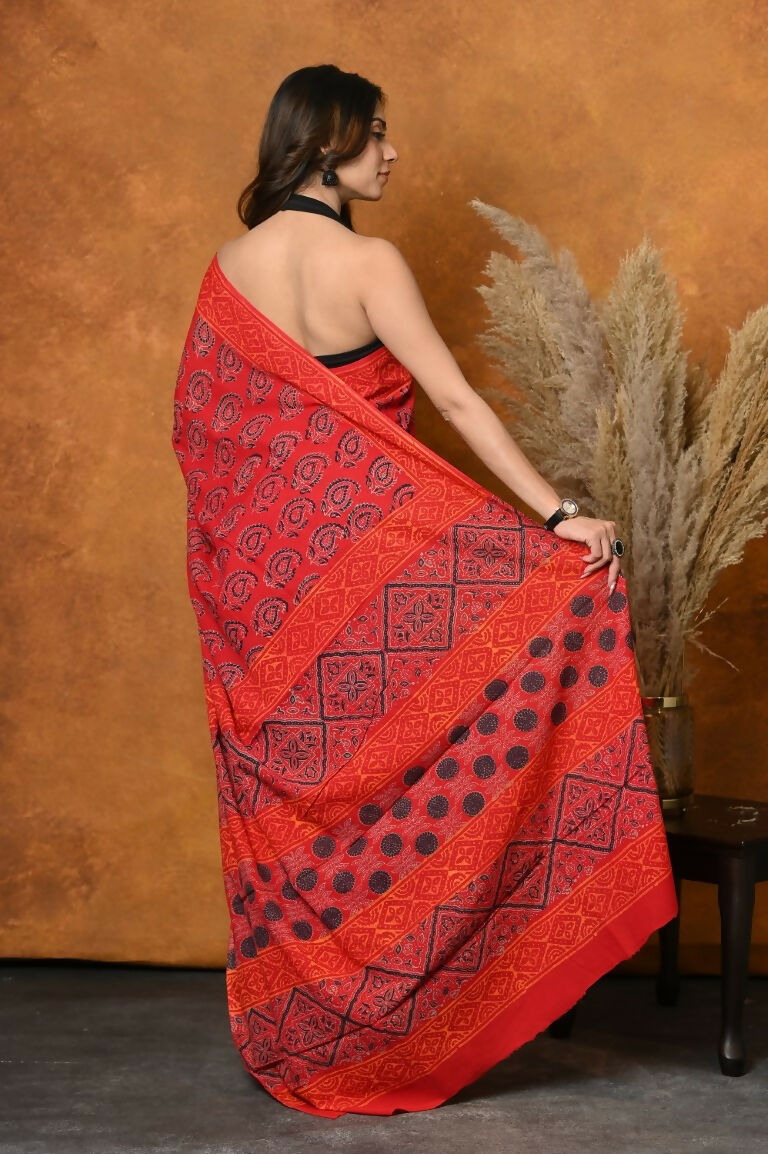 Very Much Indian Handblock Printed Cotton Saree With Natural Dyes - Red - Distacart