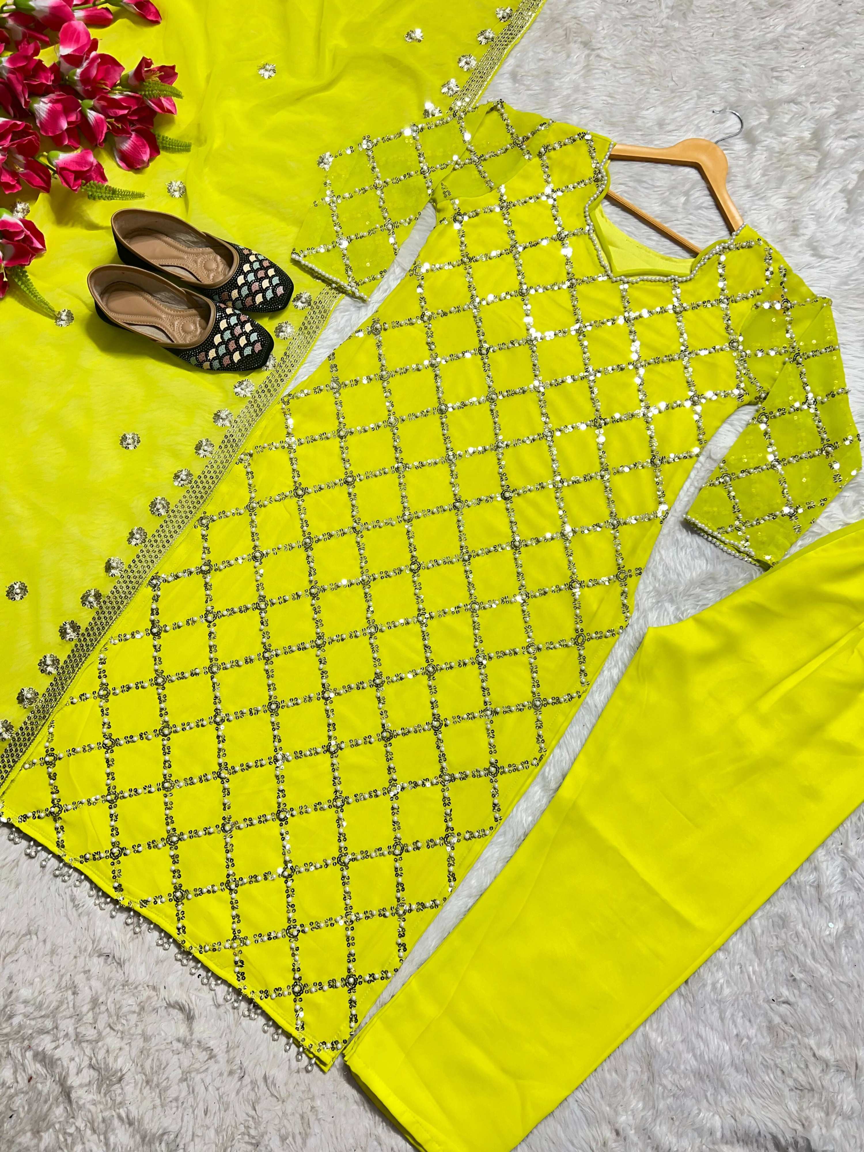 Preksha Creation Indian Festival Special Women Faux Georgette Sequence Embroidered Work Top And Pant With Dupatta - Yellow - Distacart