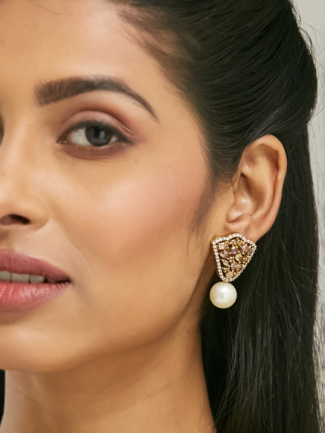 Nuyug 22K Gold-Plated Elegant Zircon Stone Studded & Pearls Drop Stud Earrings