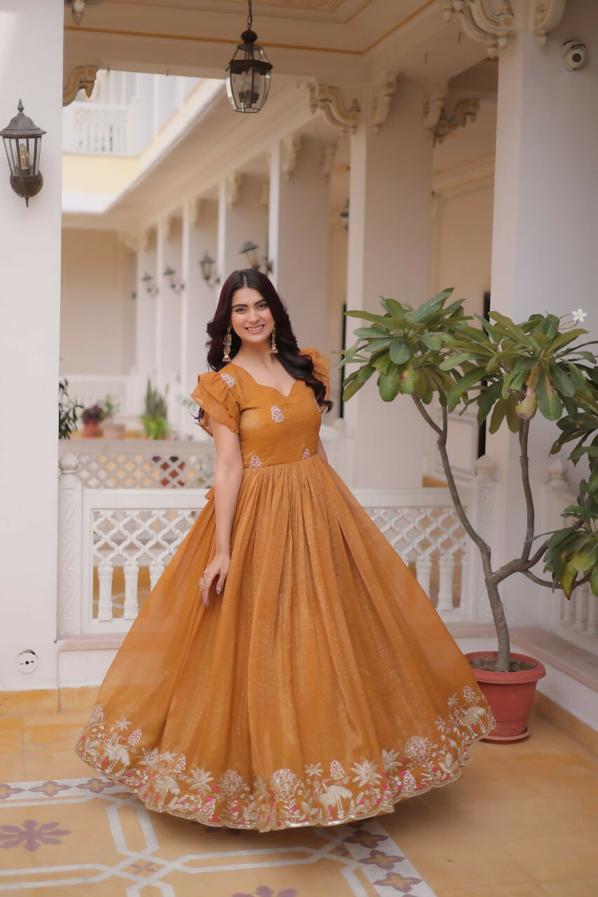Teeya Creation Womens New Trending Silver Crunchy With Beads Embroidery-Work Gown Set - Dista