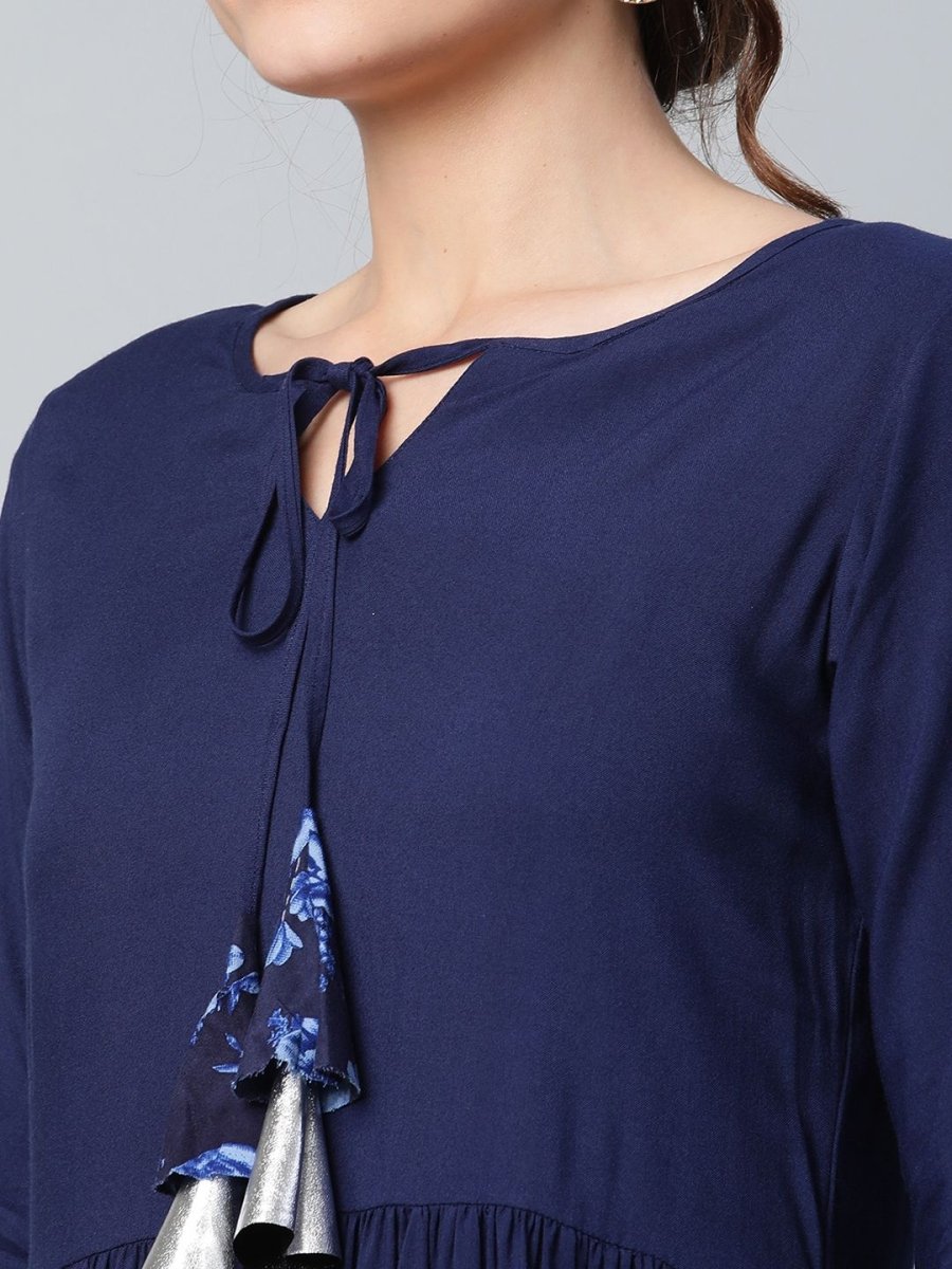 Ahalyaa Women Navy Blue Rayon Floral Empire Kurti with Dhoti Pants - Distacart