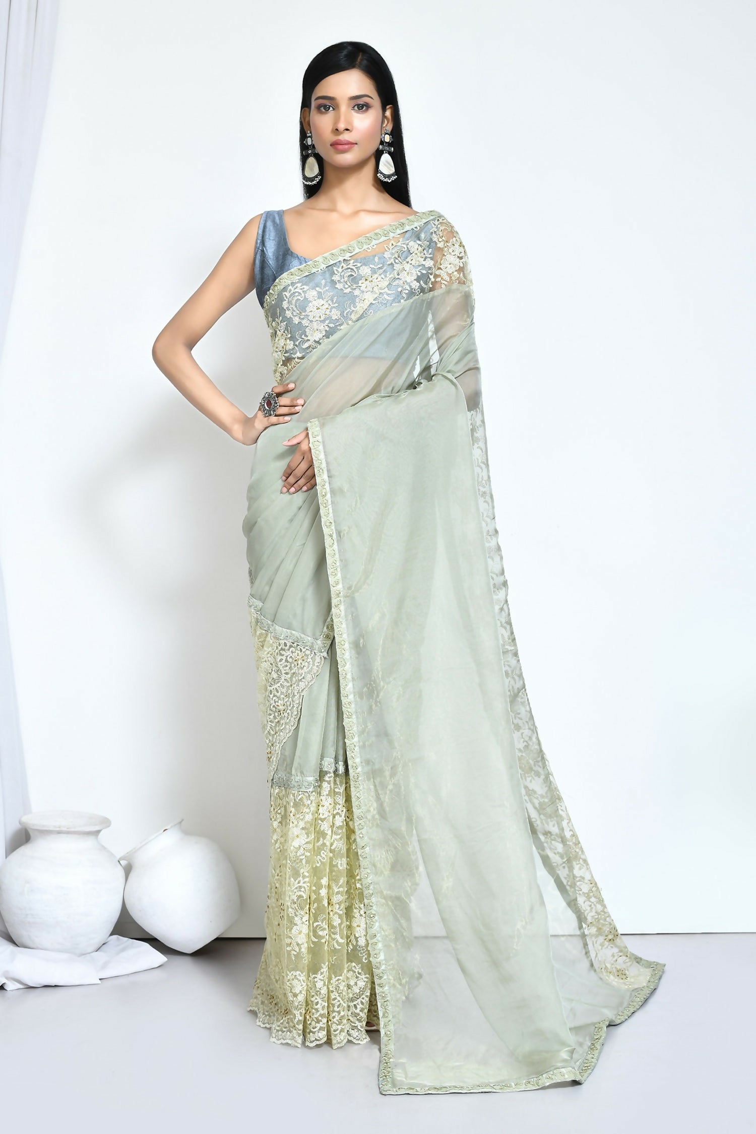 Green Organza Jari Silk Floral Embroidered Festive Saree - Nimaya Denzy - Distacart