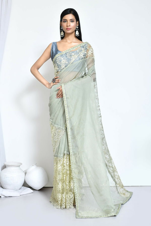 Green Organza Jari Silk Floral Embroidered Festive Saree - Nimaya Denzy - Distacart