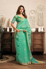 Thumbnail for Joban Fashion Teal Green Ikkat Linen Ready To Wear Saree With Unstitched Blouse - Distacart