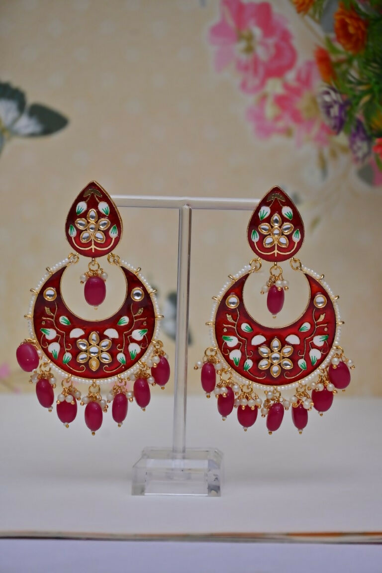 Red Gold-Polished Brass & Pearl Dangle Women Earrings| Hand Painted Meenakari Chandbali Traditional Ethnic Wear Earrings By House of Ree - Distacart