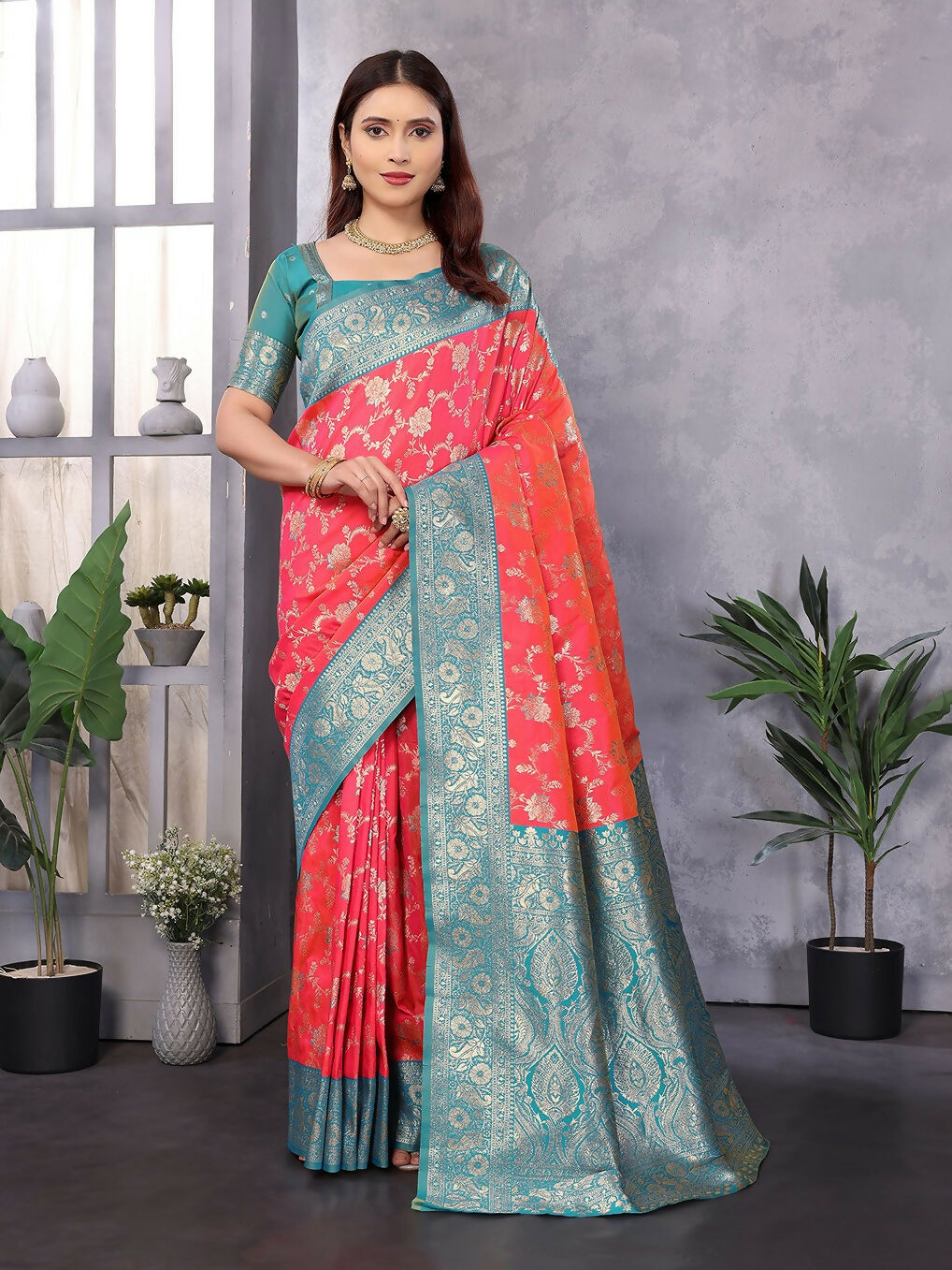 Joban Fashion Banarasi Peach Woven Soft Silk Saree