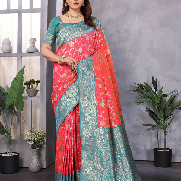 Joban Fashion Banarasi Peach Woven Soft Silk Saree - Distacart