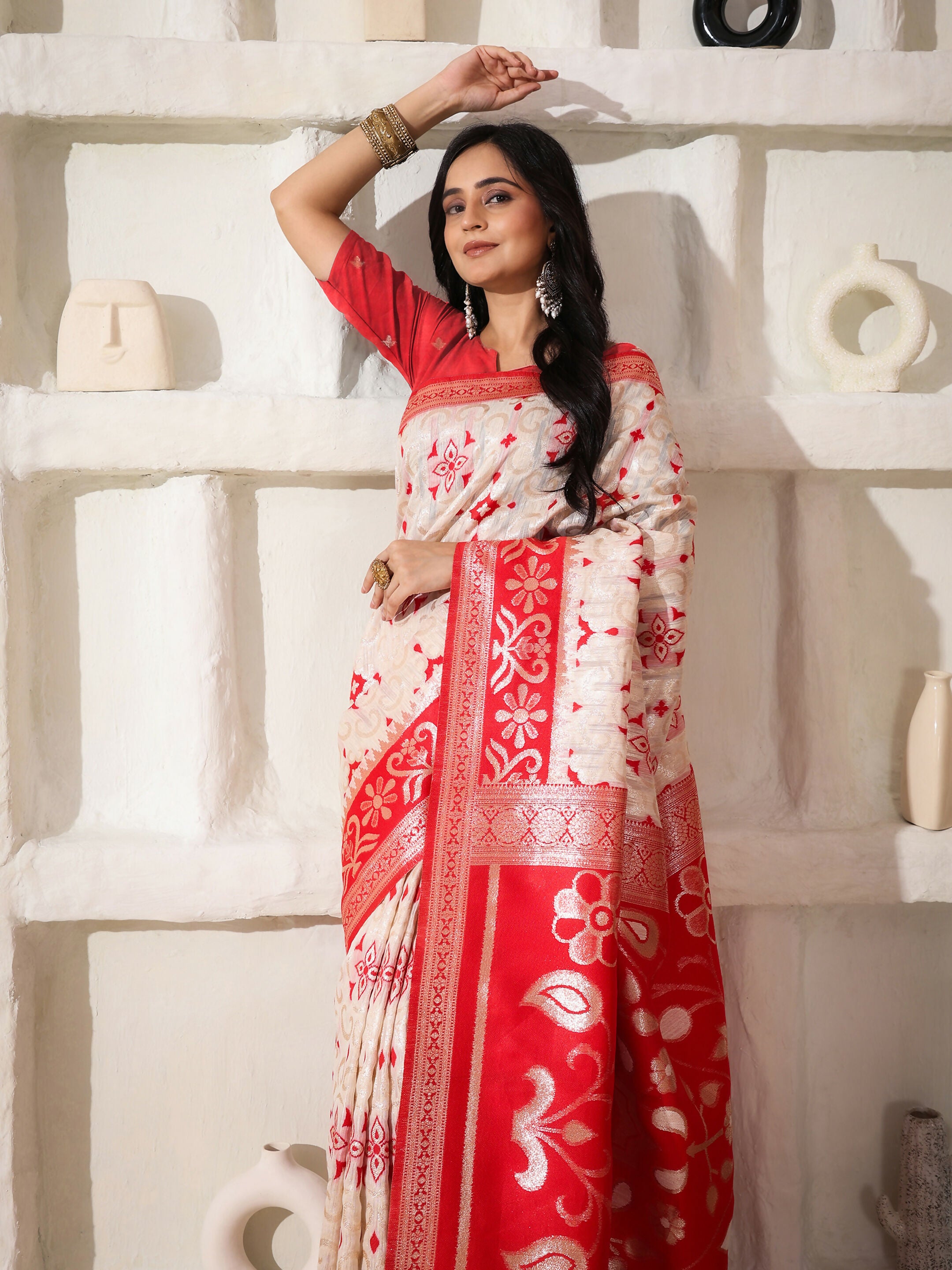 Astita Linen Cotton Red & White Saree