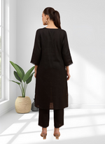 Thumbnail for Joban Fashion Black Linen Embroidered Readymade Long Kurta With Pant - Distacart