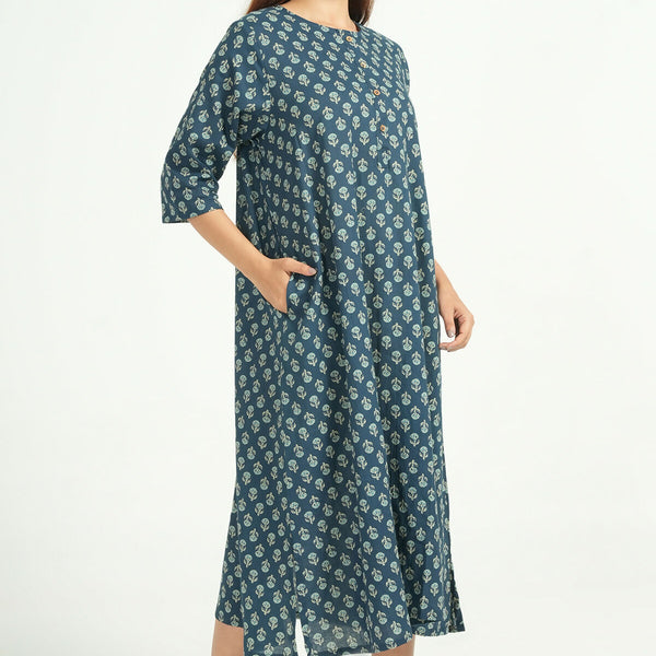 Breathables Women Cotton Printed Loungewear Short Dress Blue I Night Wear | Nighty | Maternity Gown - Dista