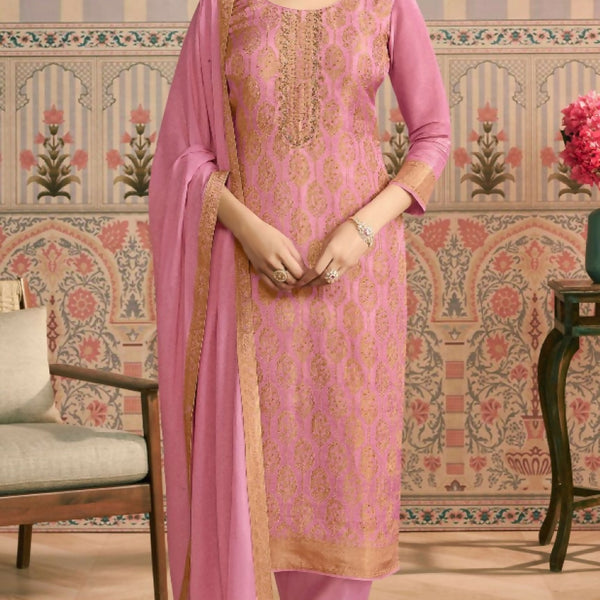 Anaita Pink Viscose Lotus Shimmer Stitched Suit with Jacquard Work - Distacart