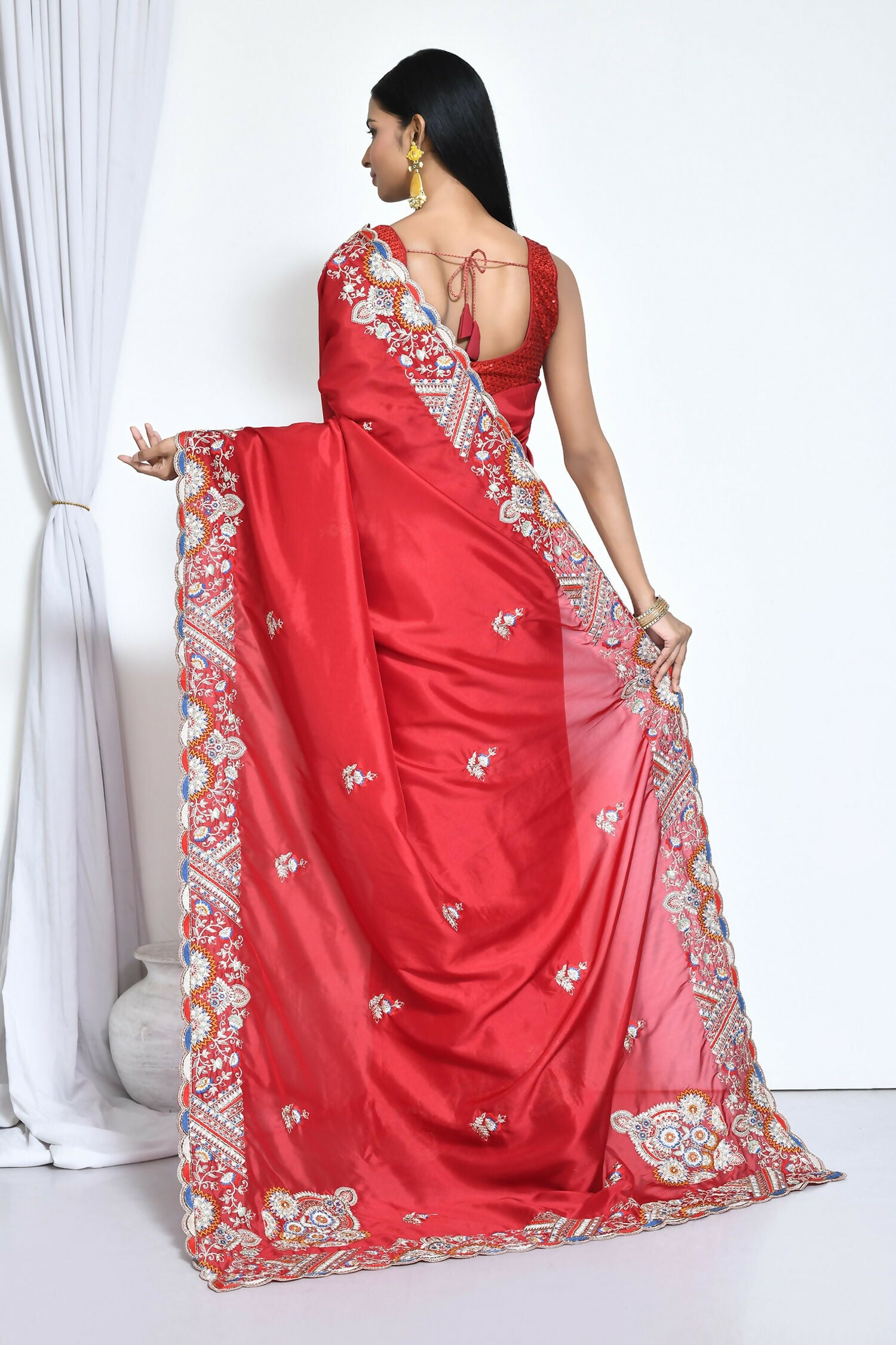 Red Crepe Silk Sequence Embroidered Saree - Nimaya Benzy - Distacart