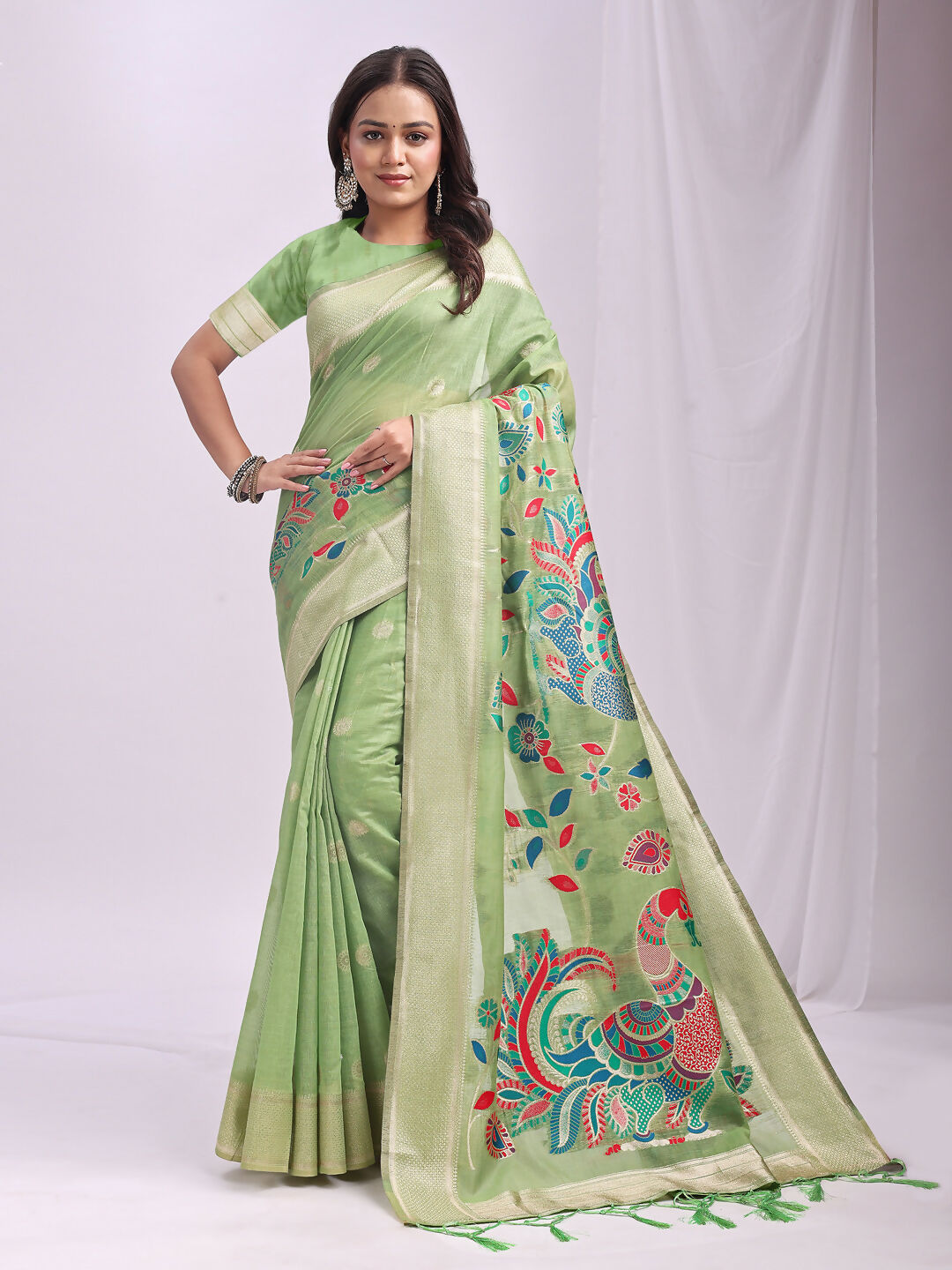 Astita Linen Cotton Light Green Saree