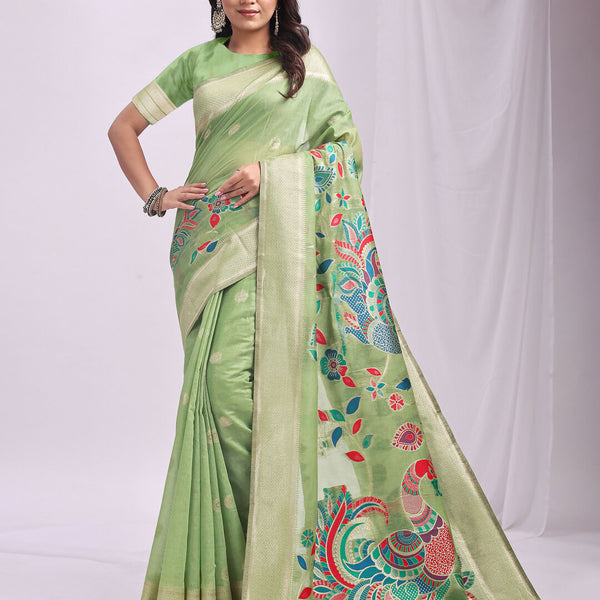 Astita Linen Cotton Light Green Saree