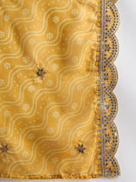 Thumbnail for Indo Era Mustard Yellow Floral Embroidered V-Neck Straight Kurta with Trousers & Dupatta