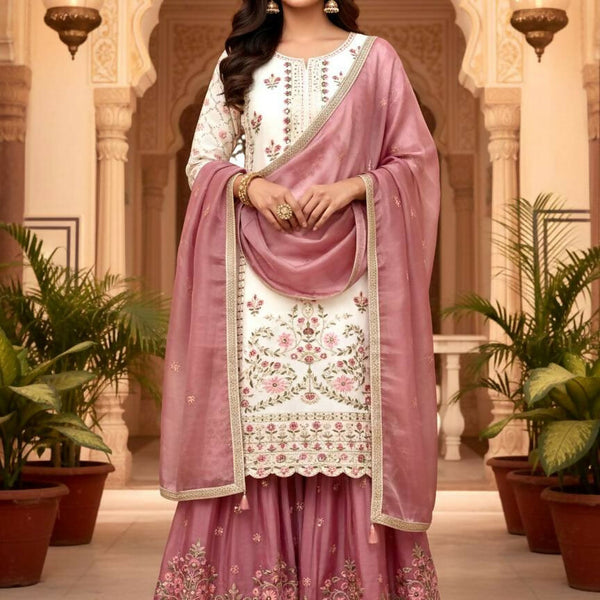 Teeya Creation Multi Color Pure Silk Gimmy Silk Heavy Embroidery Work Wedding Wear Palazzo Pair - Distacart