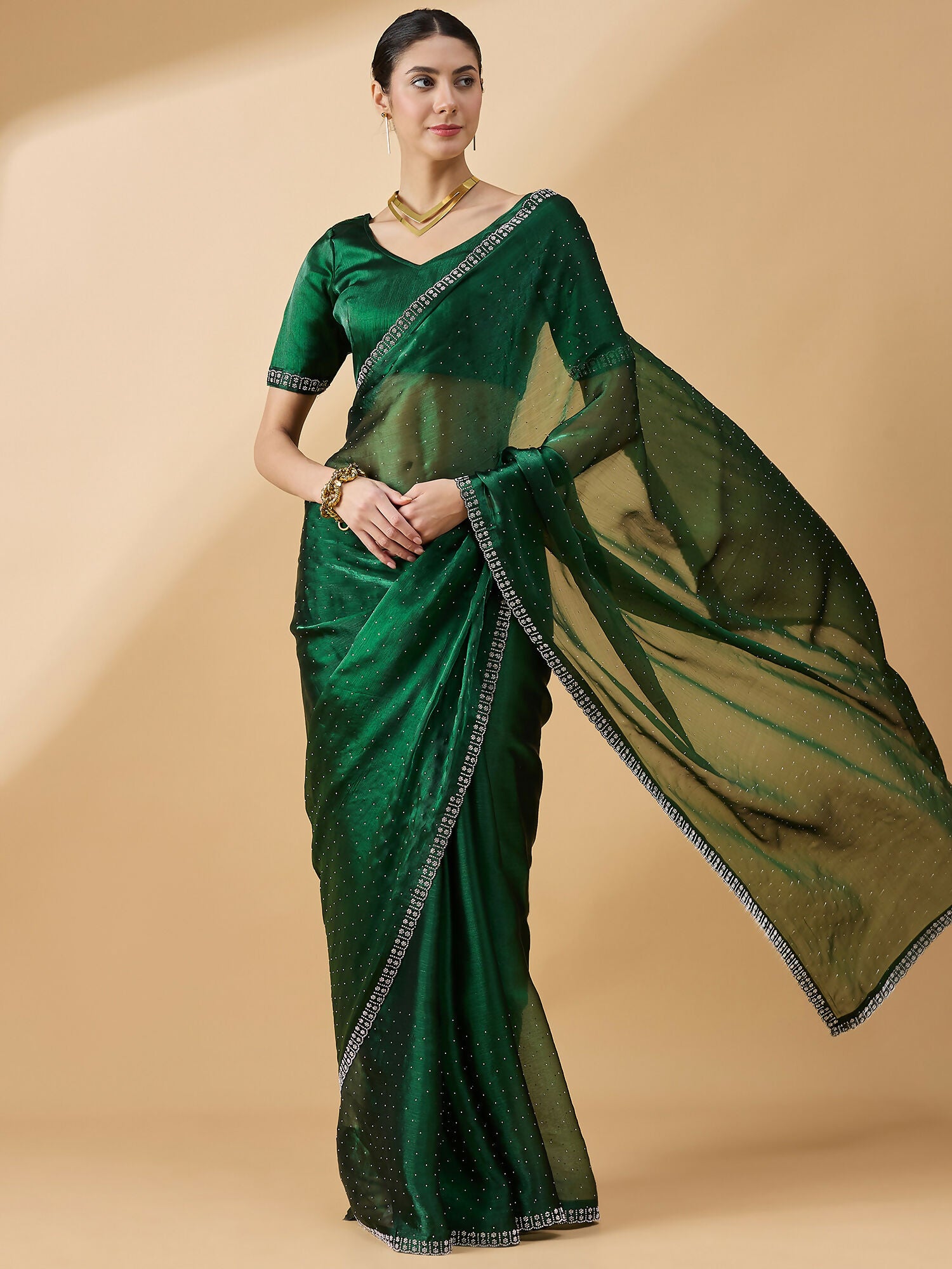 Green Organza Swaroski Diamond Work Saree with Unstitched Blouse - Radha - Distacart