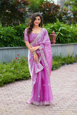 Thumbnail for Vastranavya Light Pink Embroidery Work Shimmer Chiffon Saree with Unstitched Blouse