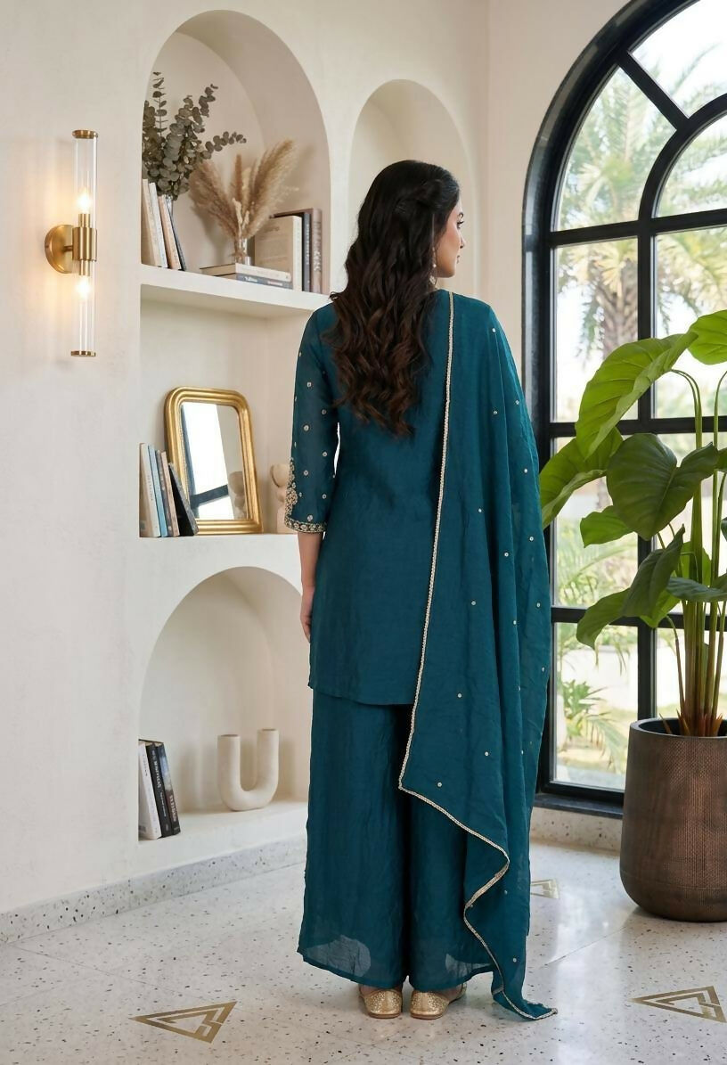 Teeya Creation New Latest Stylish Kurta Palazzo Set - Teal - Dista