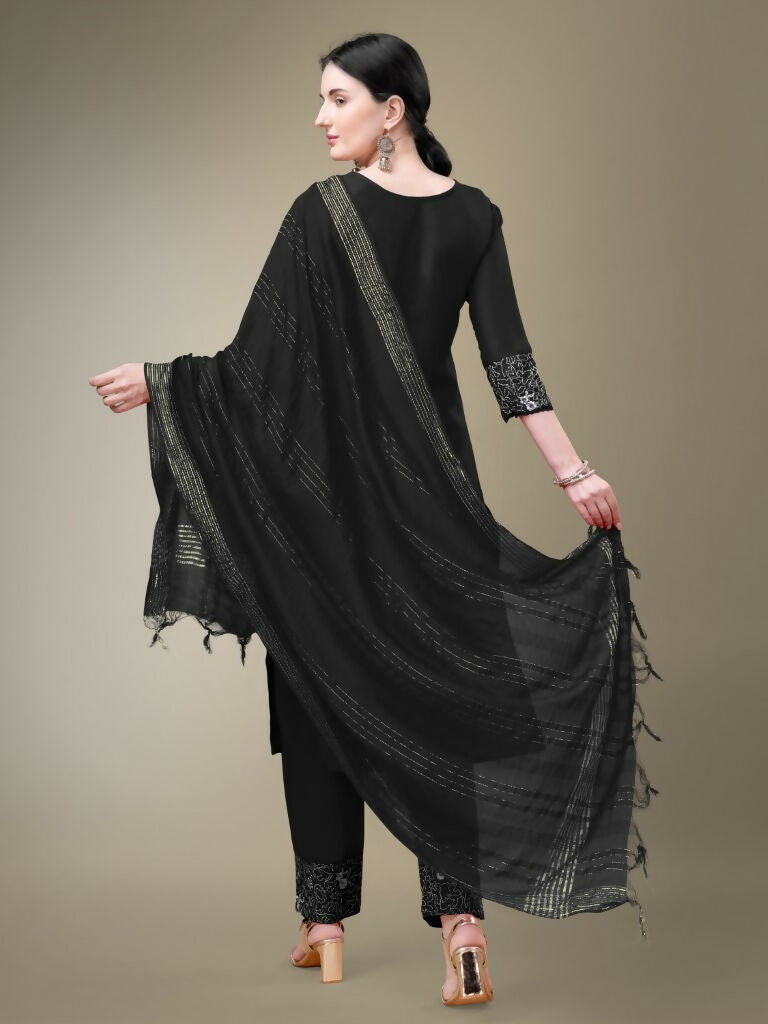 Jyoti Fashion Women's Black Cotton Blend Embroidery & Fancy Lace work Kurta with Trouser & Dupatta - Distacart