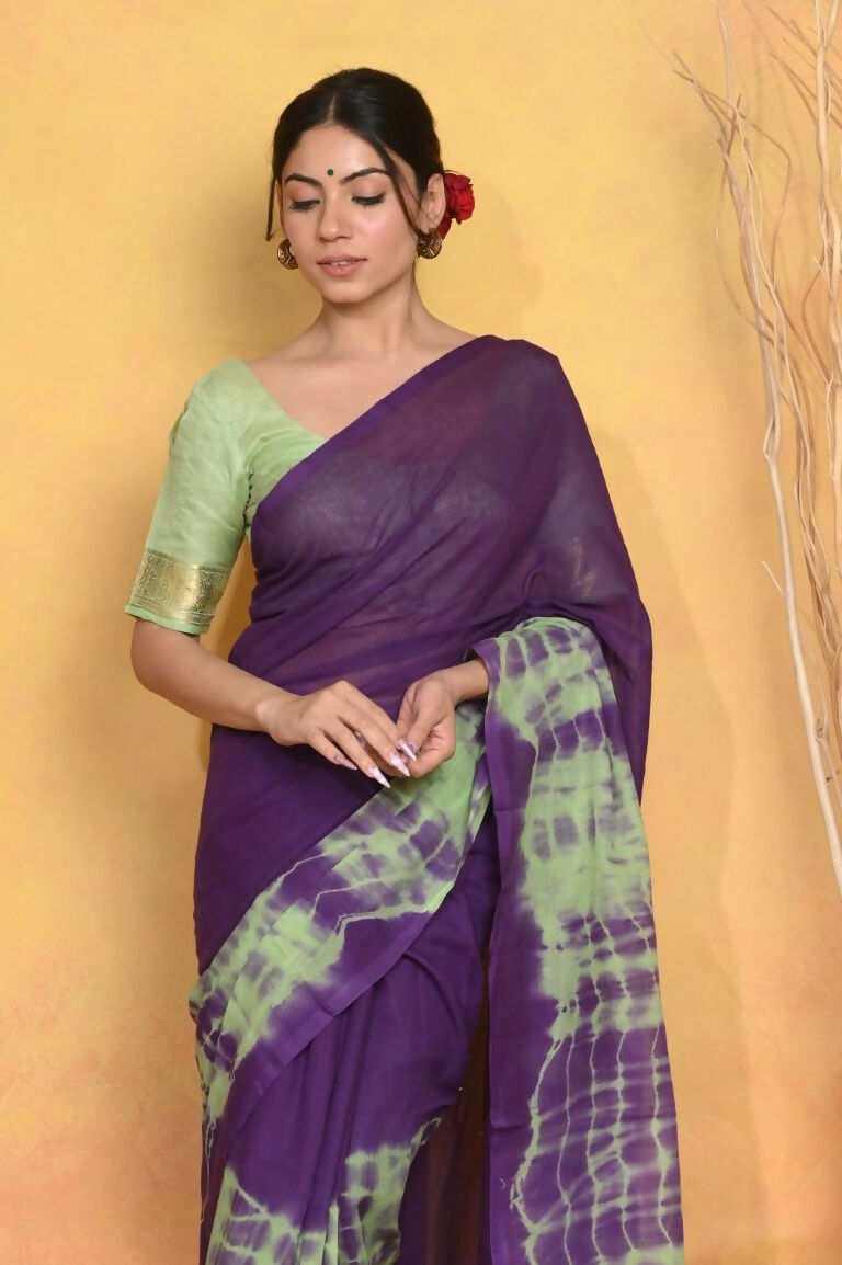 Very Much Indian Tie & Dye Handloom Mul Cotton Saree - Blue Green - Distacart