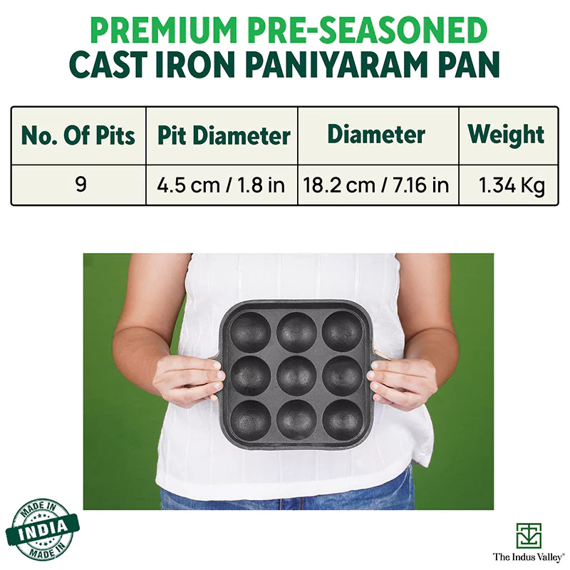The Indus Valley 9 Pit/Cup CASTrong Cast Iron Paniyaram/Appe Pan+ Spatula, Pre-seasoned, Natural Nonstick, 100% Pure, Toxin-free, 18.2 cm, 1.34 kg - Distacart