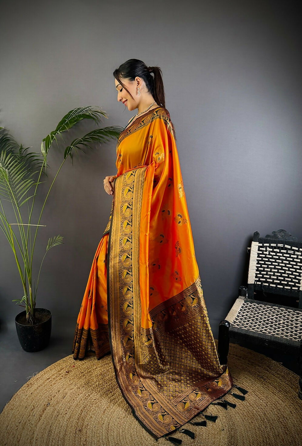 Joban Fashion Banarasi Orange Woven Soft Silk Saree