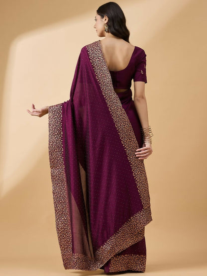 Purple Silk Blend Embroidered Saree with Unstitched Blouse - Vairagi - Distacart
