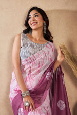 Thumbnail for Vastranavya White Onion Digital Printed Linen Ready To Wear Designer Saree with Unstitched Blouse - Distacart