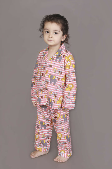Breathables Kids Cotton Night Suit – Red & White Jungle Stripe Shirt & Pyjama Co-Ord Set For Boys & Girls - Dista