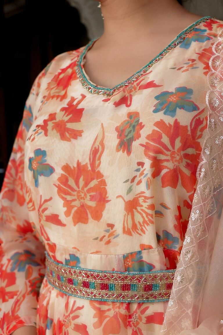 Vaasva Women Cream Organza Floral Print & Embroidered Anarkali Kurta, Pant & Dupatta set - Distacart
