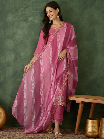 The52 Women's Beautiful Rayon Fabric Embroidery Work Straight Kurta Pant and Dupatta Set-Pink - Dista