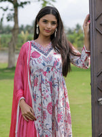 Thumbnail for The52 Women's Beautiful Rayon Fabric Printed Work Flared Kurta Pant and Dupatta Set - Distacart