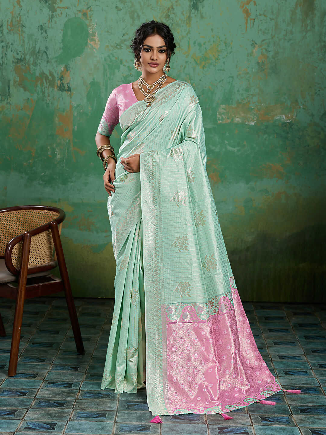 Shree Shyam Fashion Rama Green Linen Cotton Saree - Dista
