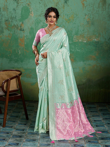 Shree Shyam Fashion Rama Green Linen Cotton Saree - Dista