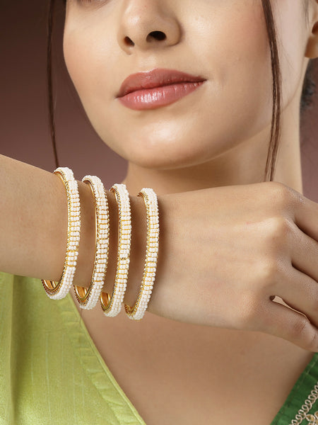 NVR Women's Set of 4 Gold-Plated Pearl Handcrafted Traditional Bangles - Distacart