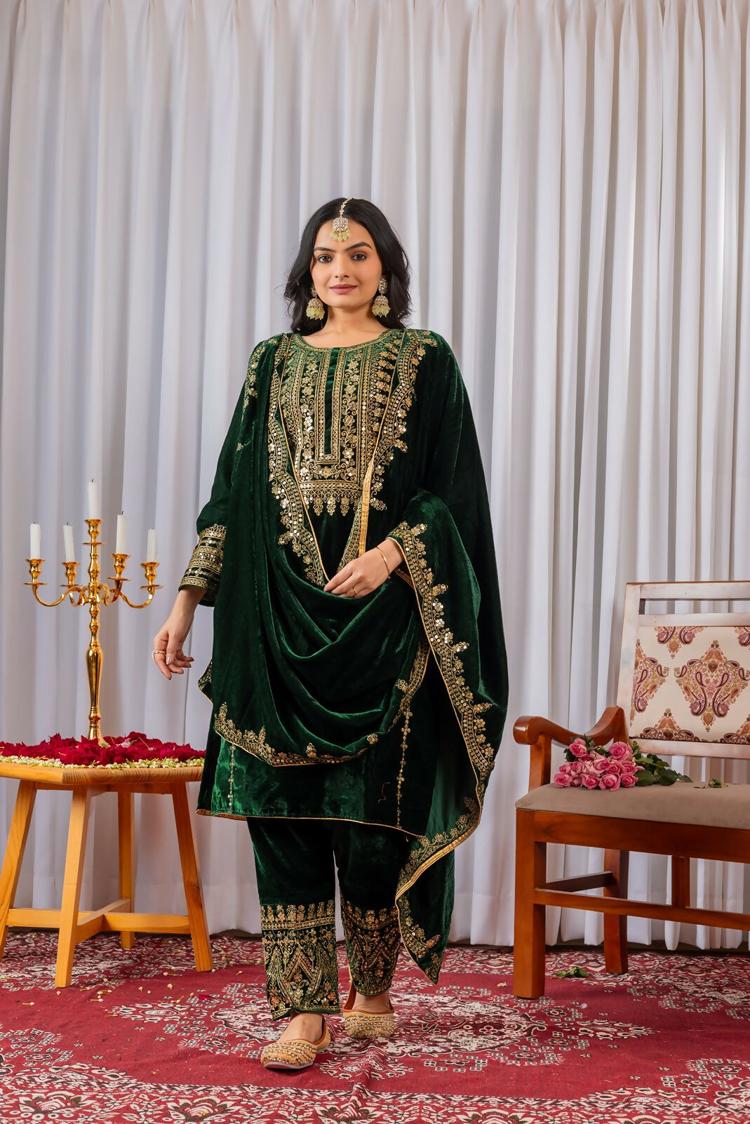 Joban Fashion Green Velvet Sequence Embroidery Work Kurta Set