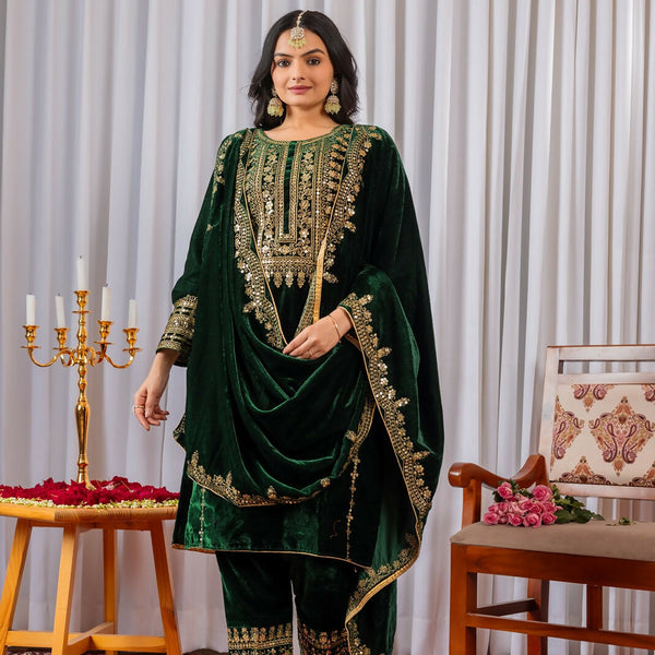 Joban Fashion Green Velvet Sequence Embroidery Work Kurta Set