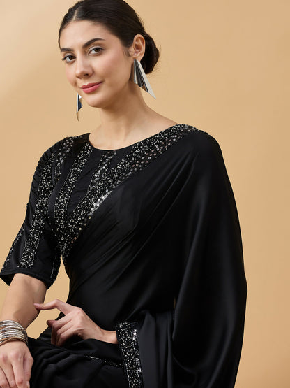 Black Satin Solid Sequence Work Saree with Stitched Blouse - Dharavi - Distacart