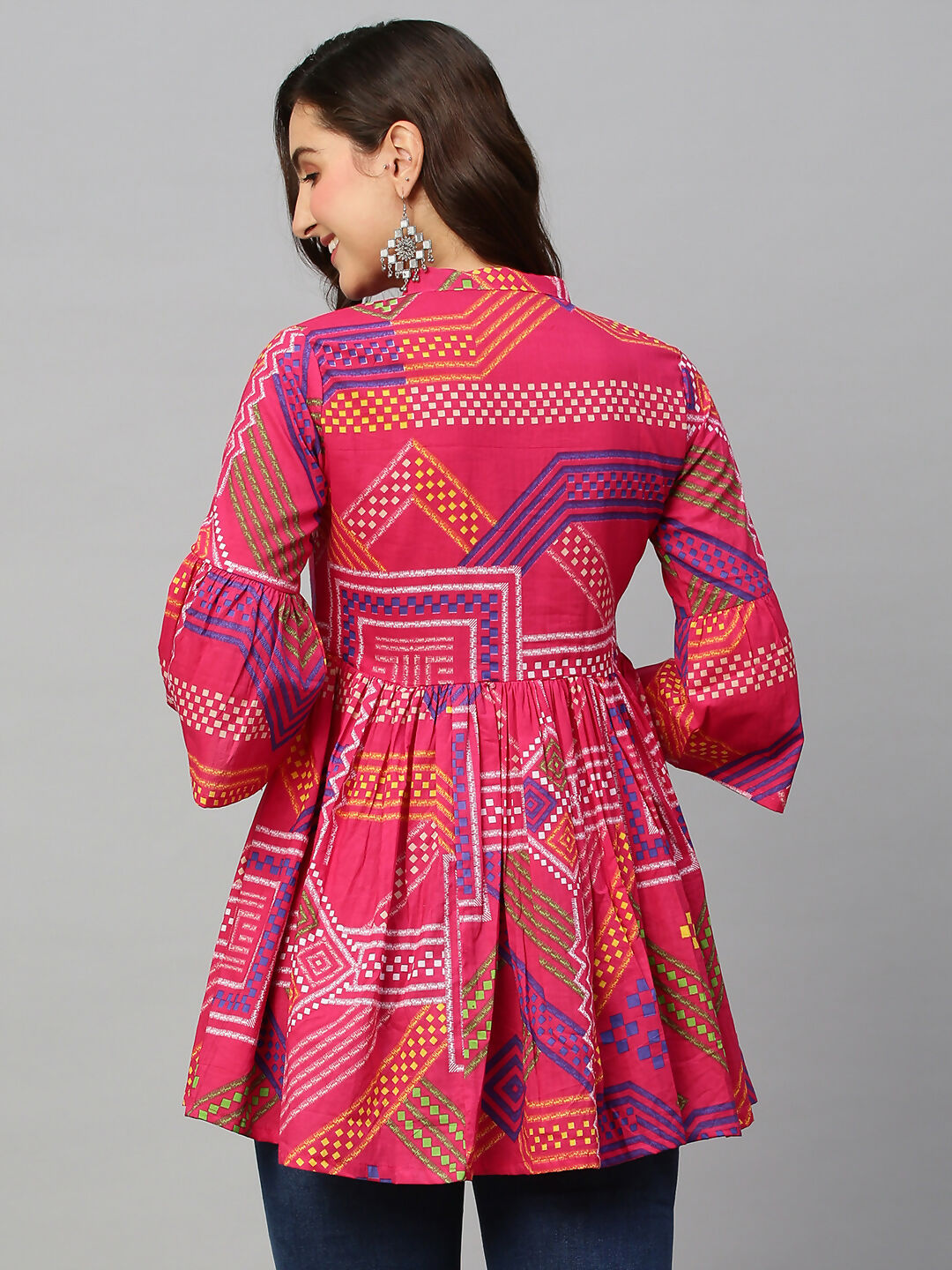 Pink Cotton Geometric Printed A-line Top - Bosky - Distacart
