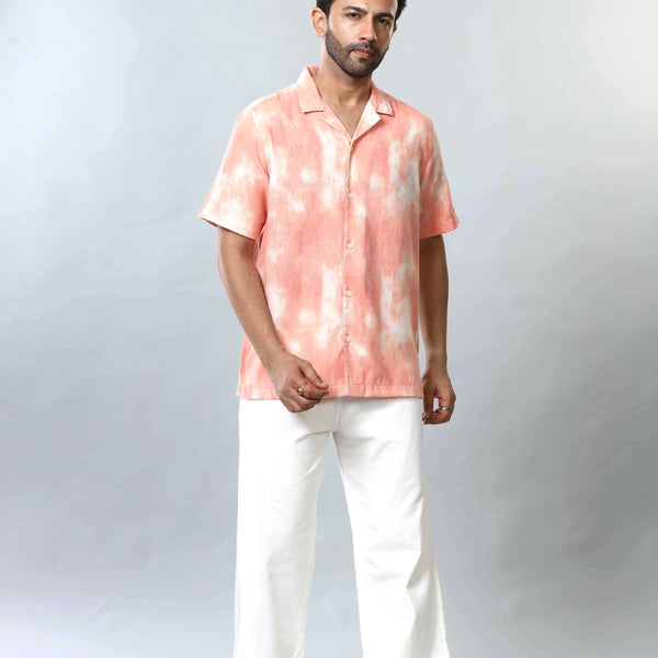 Xkind Orange Printed Slub Relaxed Fit Shirt
