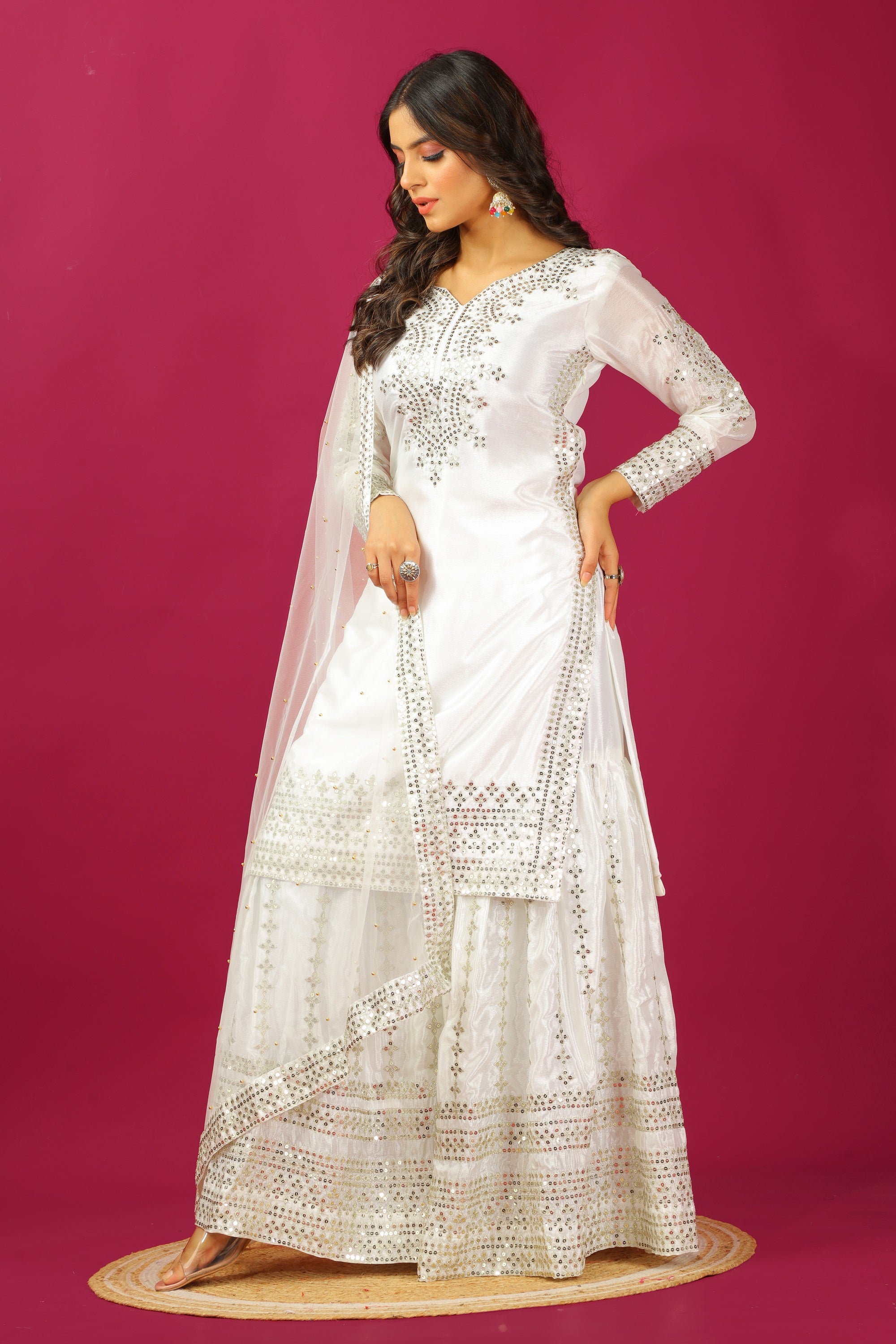 Teeya Creation Wine Color Chinnon Silk Heavy Embroidery Work Fully Stitched Sharara Suit - Distacart